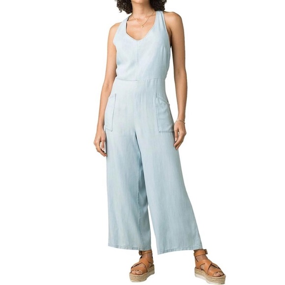 Prana Chambray Wide Leg Cross Back Jumpsuit Light Blue Boho Lounge Medium - Picture 1 of 6